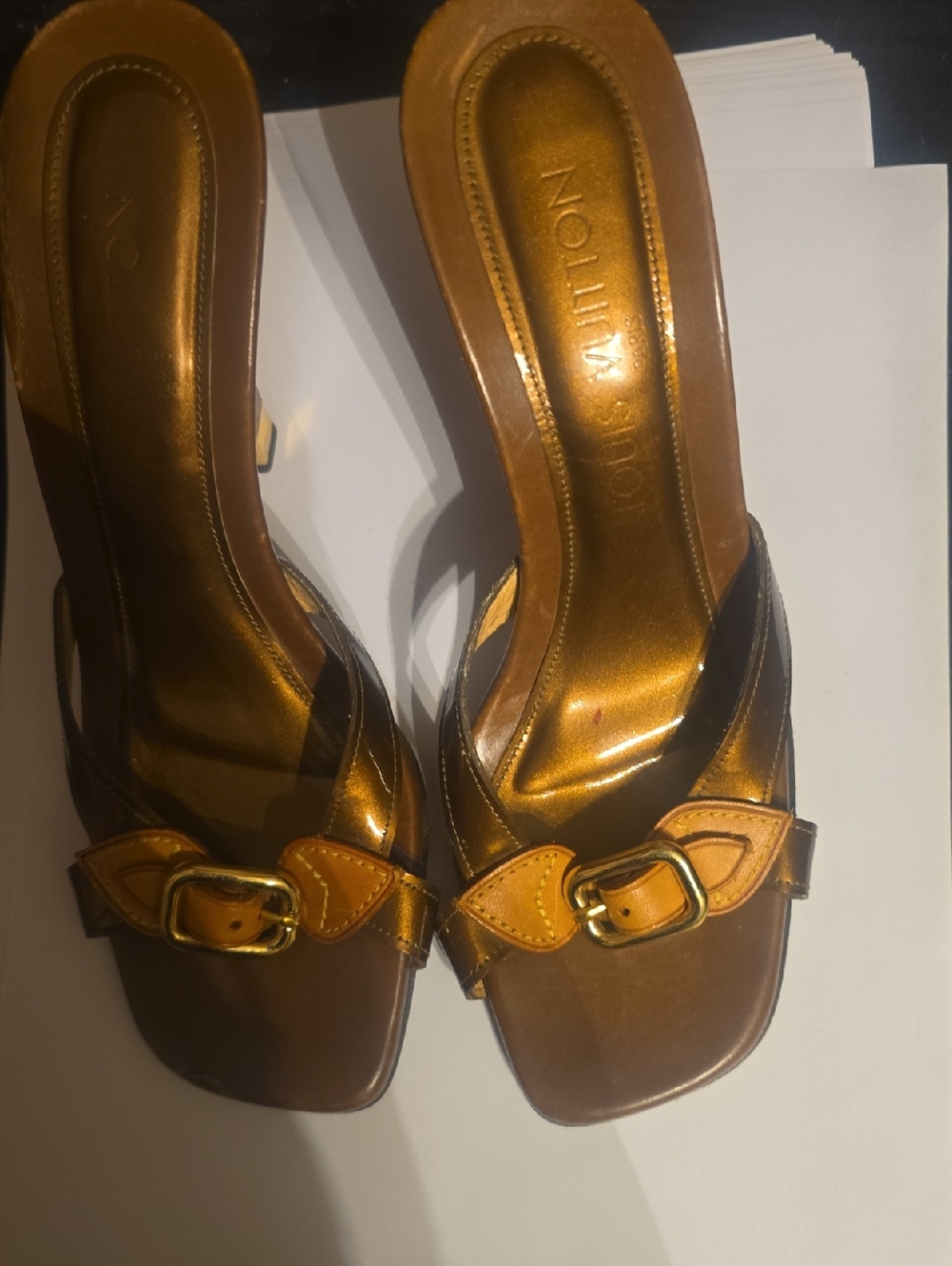 Louis Vuttion Brown Slide Sandals with Buckle Detail - Unbranded